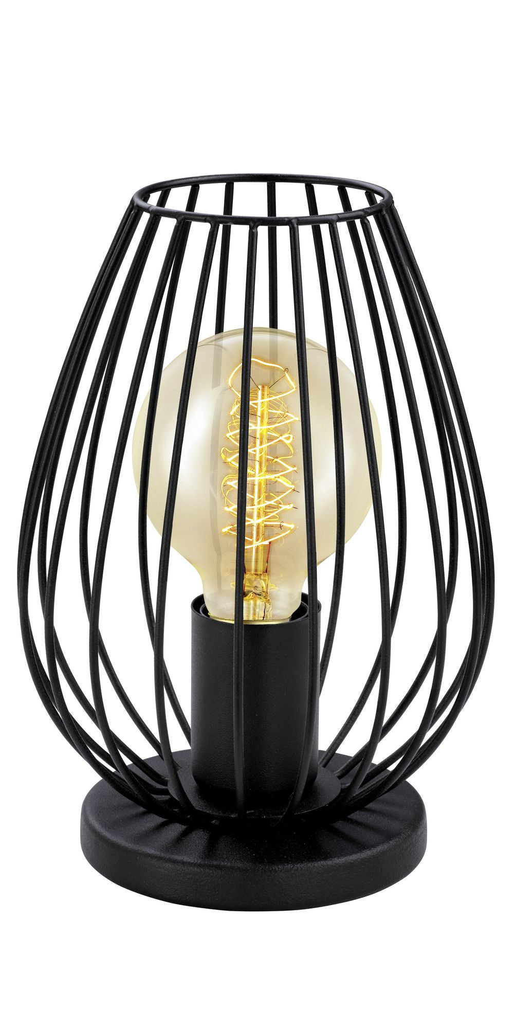 Vue de face du luminaire, ampoule globe dorée visible à travers la cage