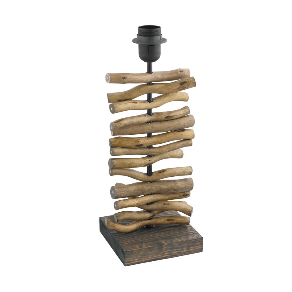 Lampe à poser en bois flotté sans ampoule, vue de face sur fond blanc.