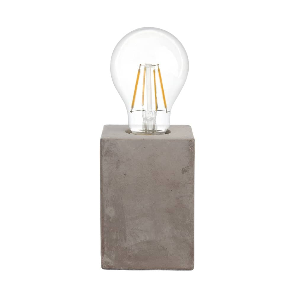 Lampe à poser en béton gris avec ampoule transparente à filament, vue de face