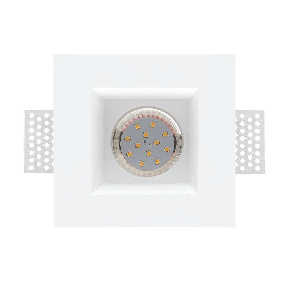 Vue rapprochée du spot encastrable blanc carré et de son module LED circulaire.