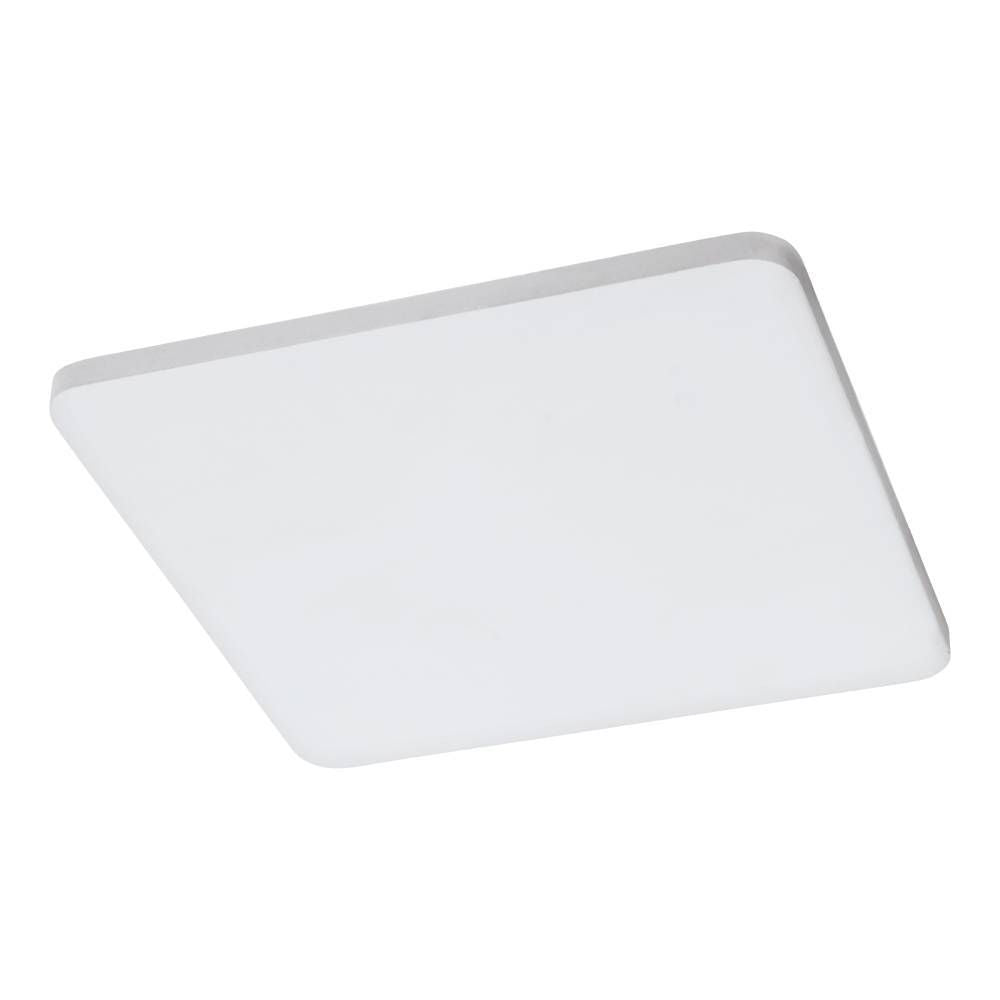 Plafonnier carré blanc vu de face, diffuseur opale aux angles arrondis