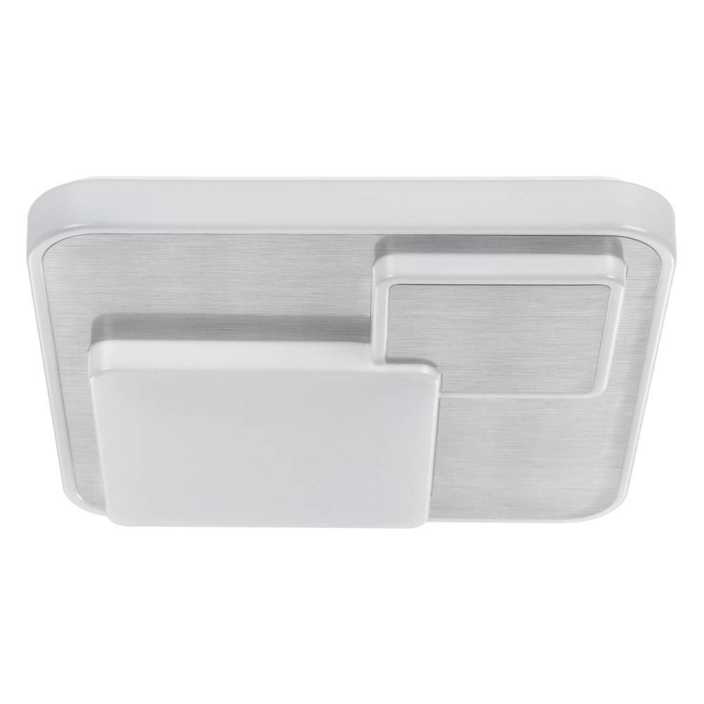 Vue de face du plafonnier carré, finition aluminium brossé et diffuseur blanc.