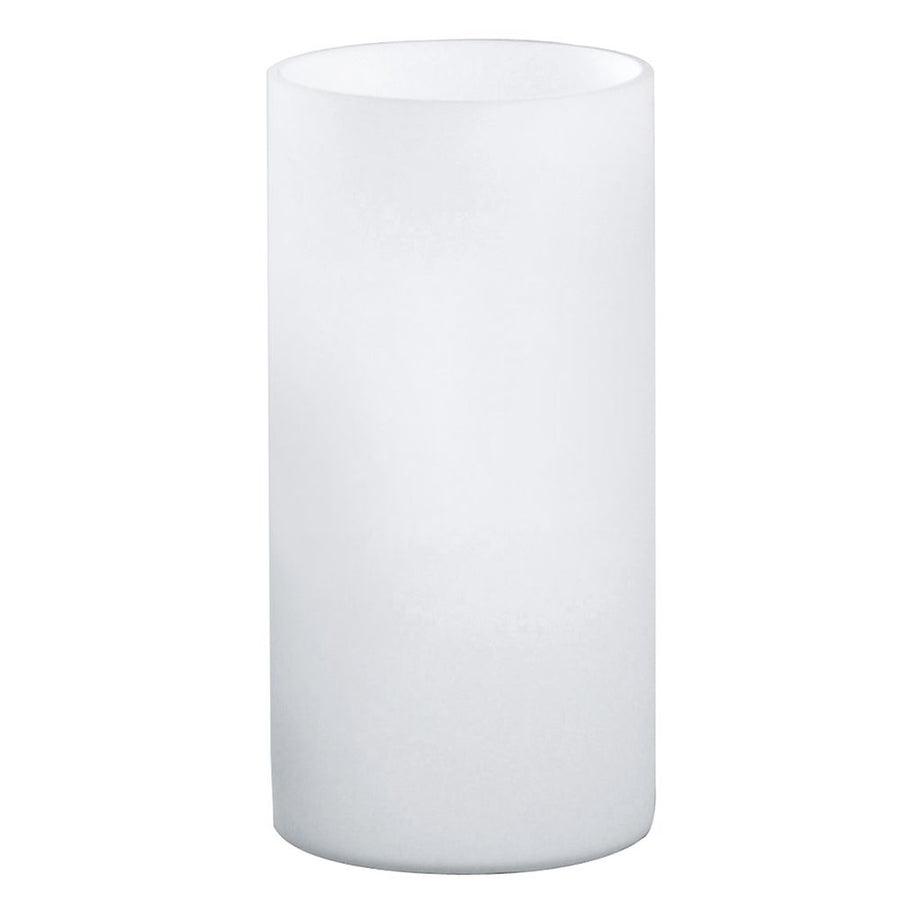 Lampe à poser cylindrique en verre dépoli blanc, vue de face sur fond neutre