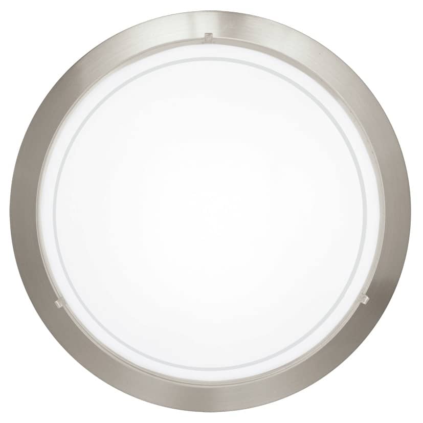 Plafonnier rond vu de face, cerclage nickel satiné et diffuseur blanc opaque