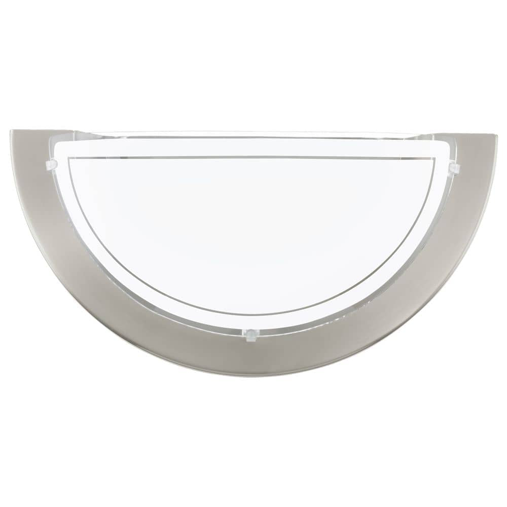 Vue de face sur fond blanc de l applique demi-lune nickel et verre blanc