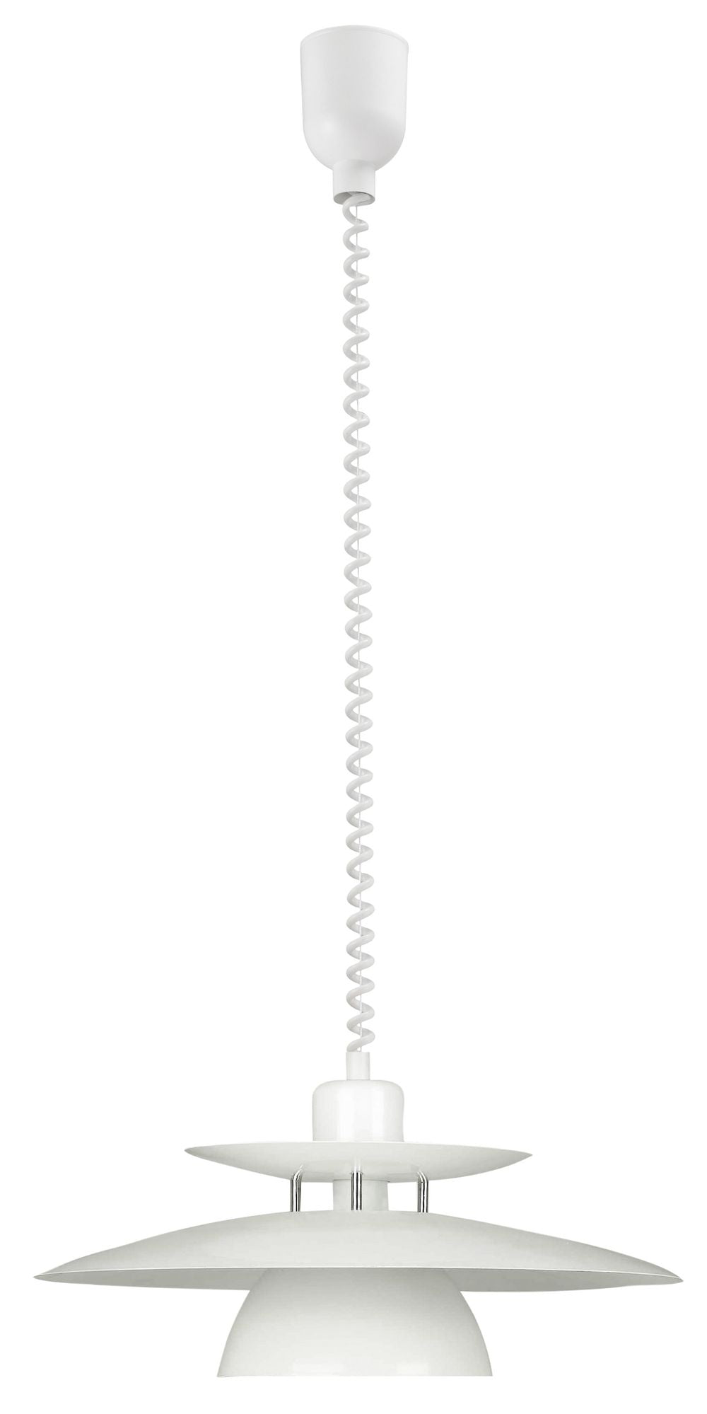 Vue d'ensemble de la suspension blanche et chromée sur fond blanc.
