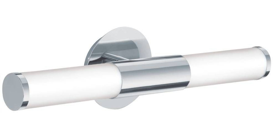 Vue de trois quarts du luminaire seul, tube blanc et platine ronde chromée
