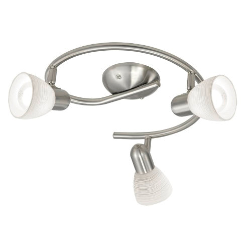 Plafonnier trois spots orientables en nickel satiné et verre blanc, fond blanc
