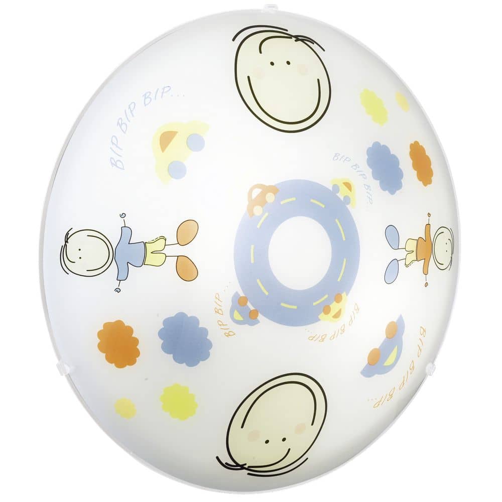 Applique murale ronde en verre blanc, décor enfantin vu de face sur fond neutre