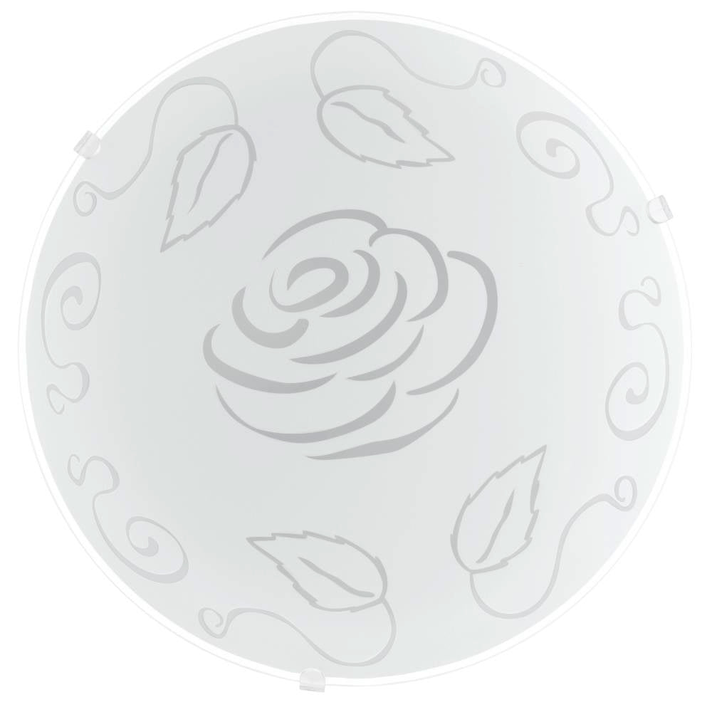 Vue de face du plafonnier rond blanc avec motif de rose et feuilles en relief.