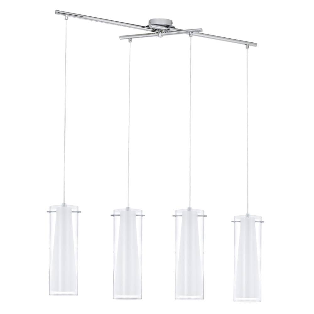 Vue d'ensemble du luminaire suspendu, quatre cylindres en verre transparent sur structure chromée.