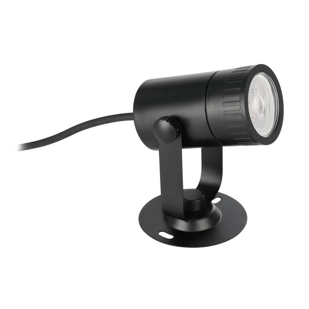 Projecteur extérieur noir vu de trois quarts avec support articulé et câble