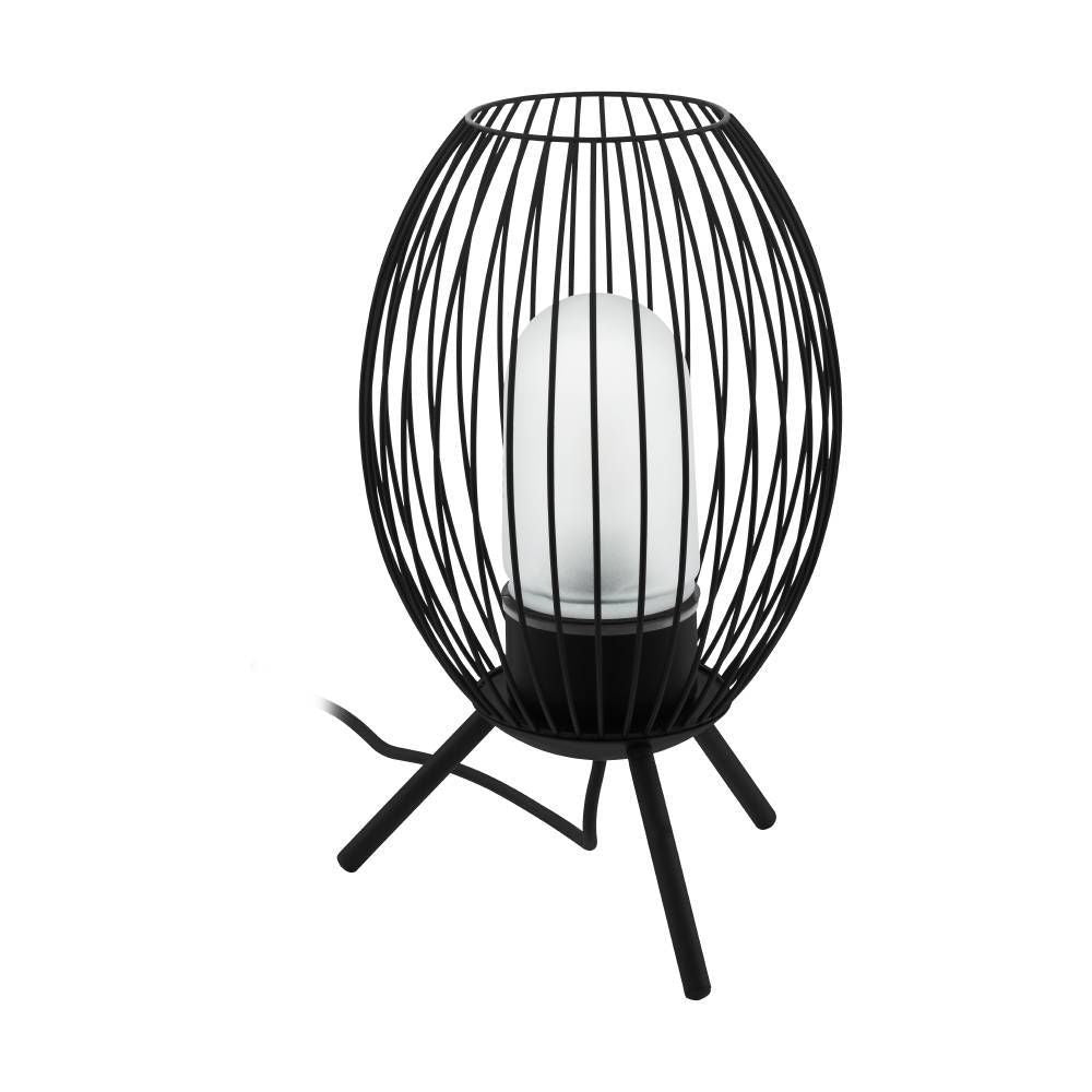 Lampe extérieure noire à cage ovoïde et diffuseur cylindrique blanc, vue de face sur fond blanc.