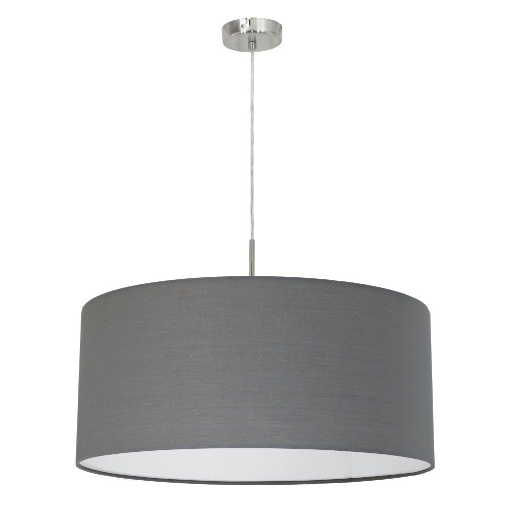 Suspension vue de face sur fond blanc, abat-jour cylindrique gris et câble nickel