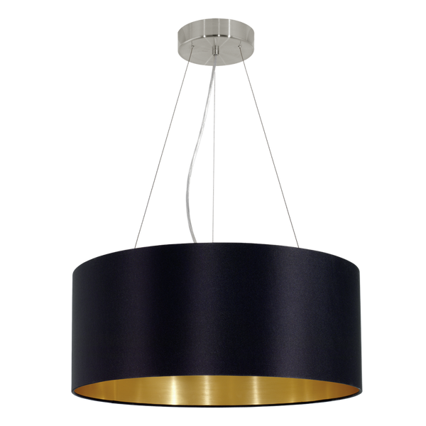 Suspension Maserlo 3 lumières noire et dorée, tissu