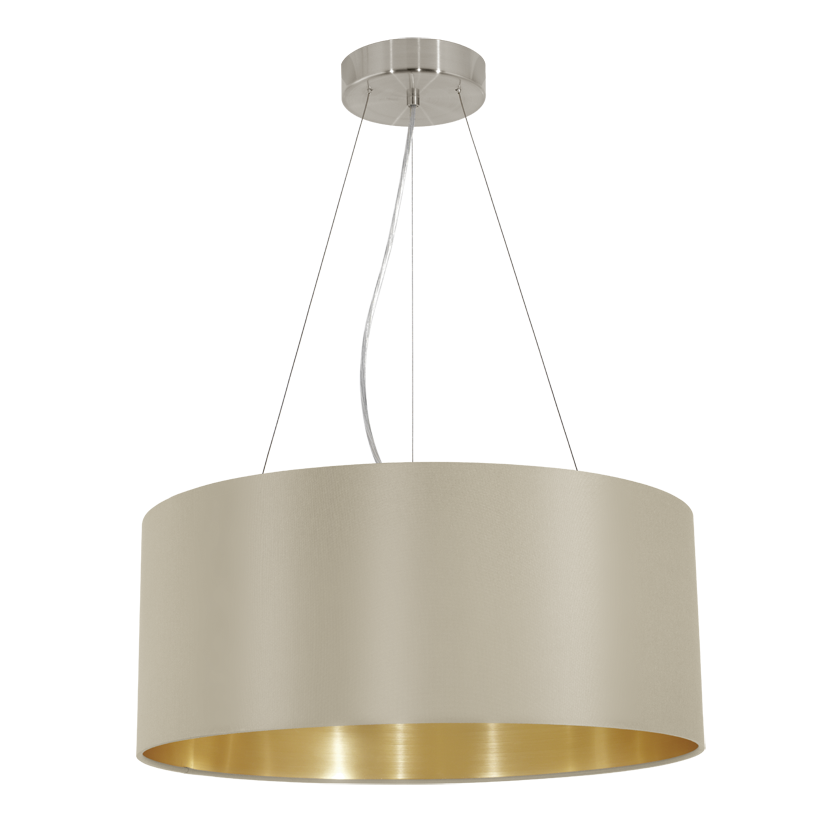 Suspension taupe à abat-jour cylindrique et intérieur doré, vue de face sur fond blanc.