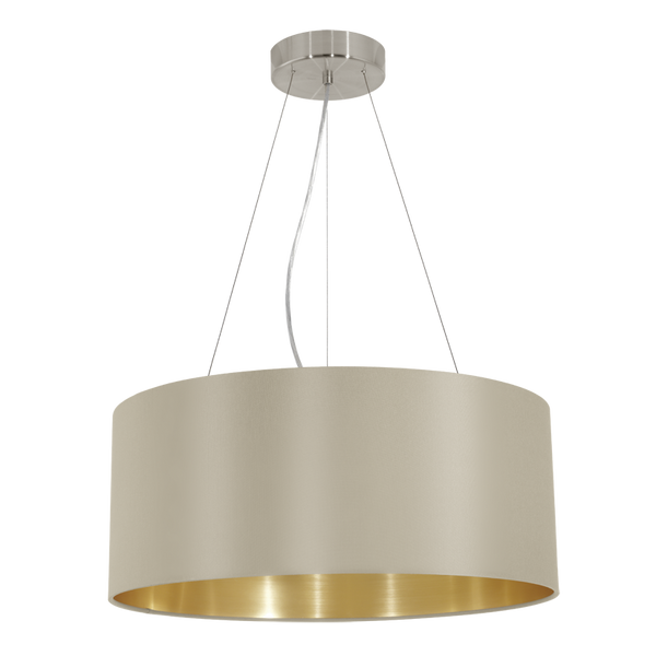 Suspension Maserlo 3 lumières taupe et dorée, tissu