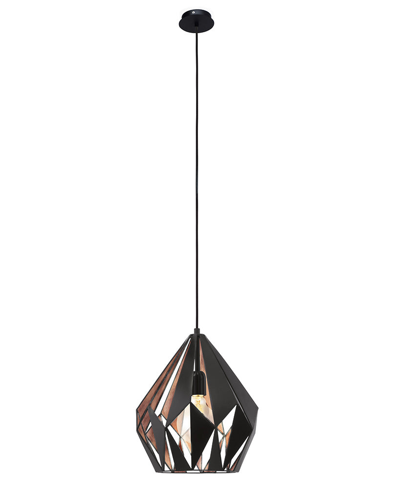 Suspension géométrique noire et cuivrée vue de face sur fond blanc, câble long