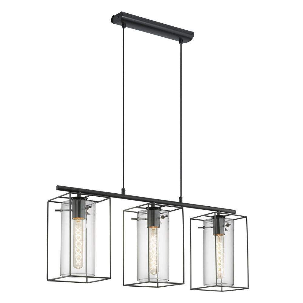 Suspension noire à trois cages rectangulaires et verres cylindriques, vue de face sur fond blanc.