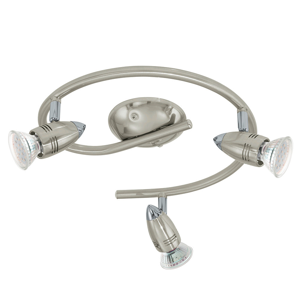 Vue de face du plafonnier à trois spots orientables sur bras en spirale.