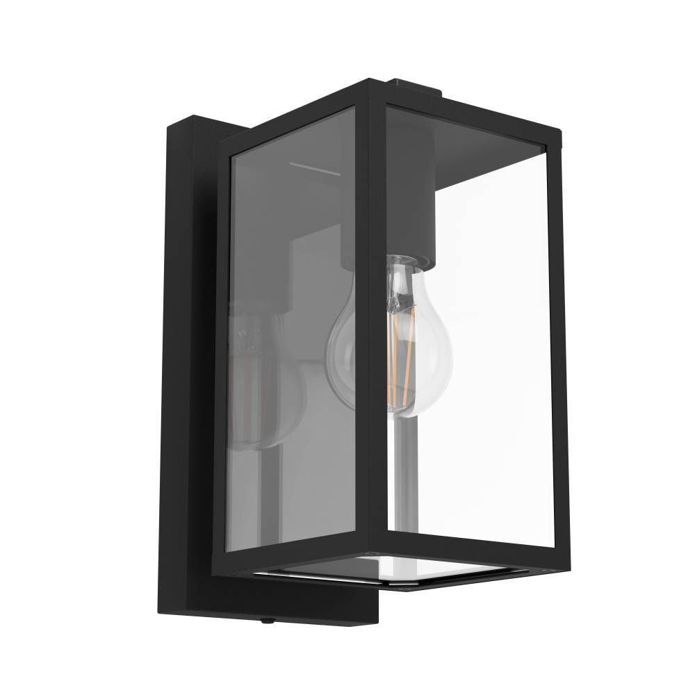 Vue de trois quarts du luminaire noir à cadre carré et verre transparent, sur fond blanc