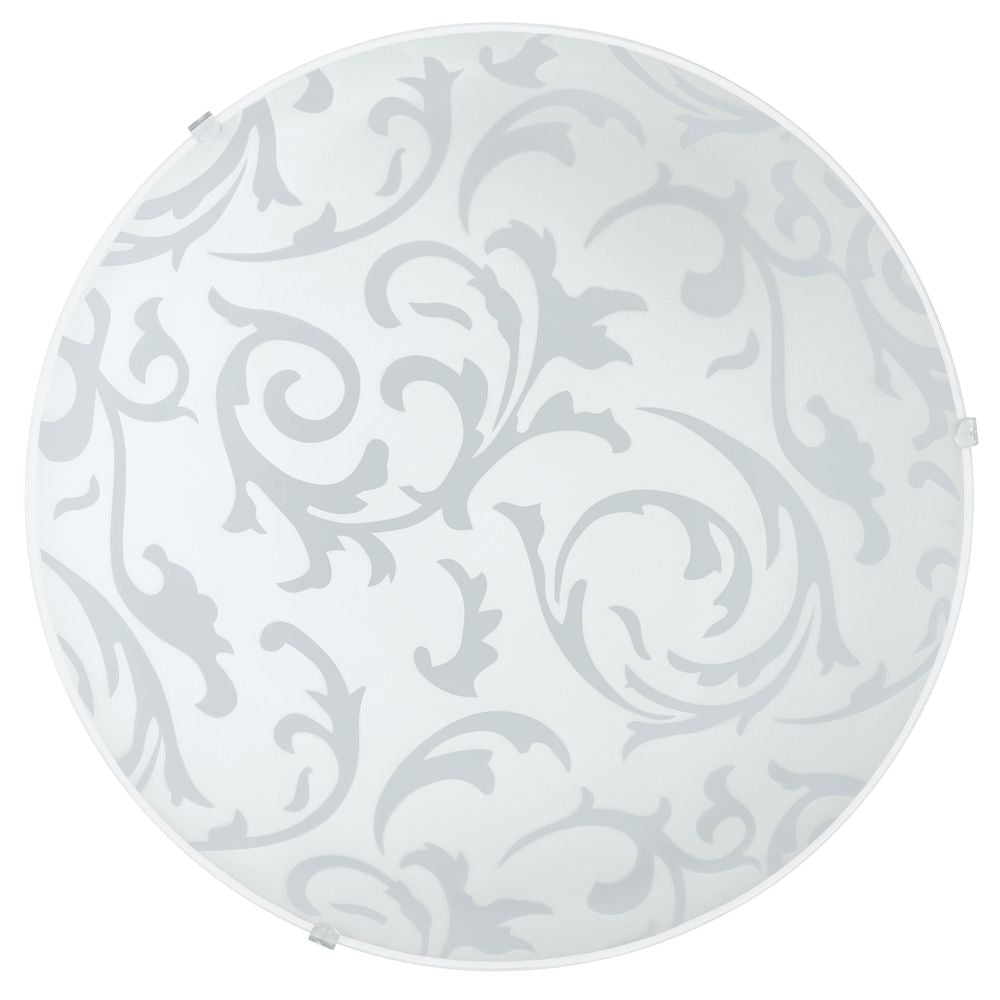 Diffuseur rond en verre blanc orné de volutes florales grises, vue de face
