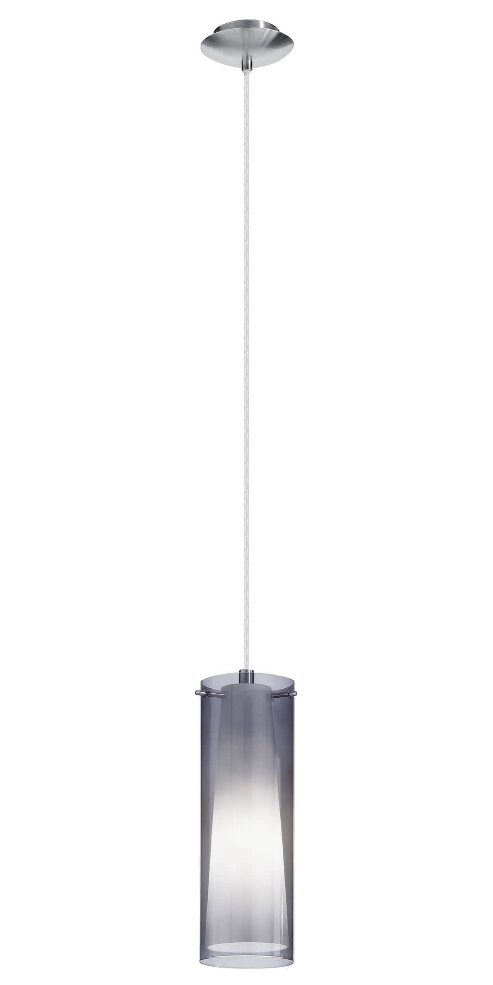 Vue rapprochée du cylindre de verre, dégradé gris fumé vers le bas, finition nickel.