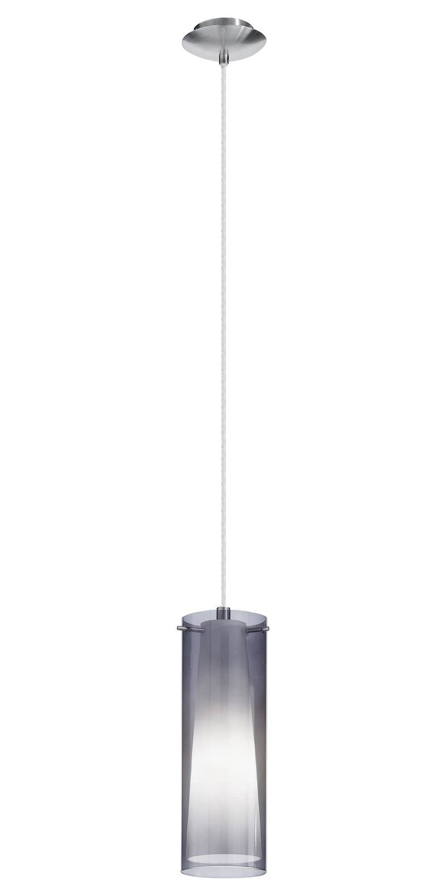 Vue rapprochée du cylindre de verre, dégradé gris fumé vers le bas, finition nickel.