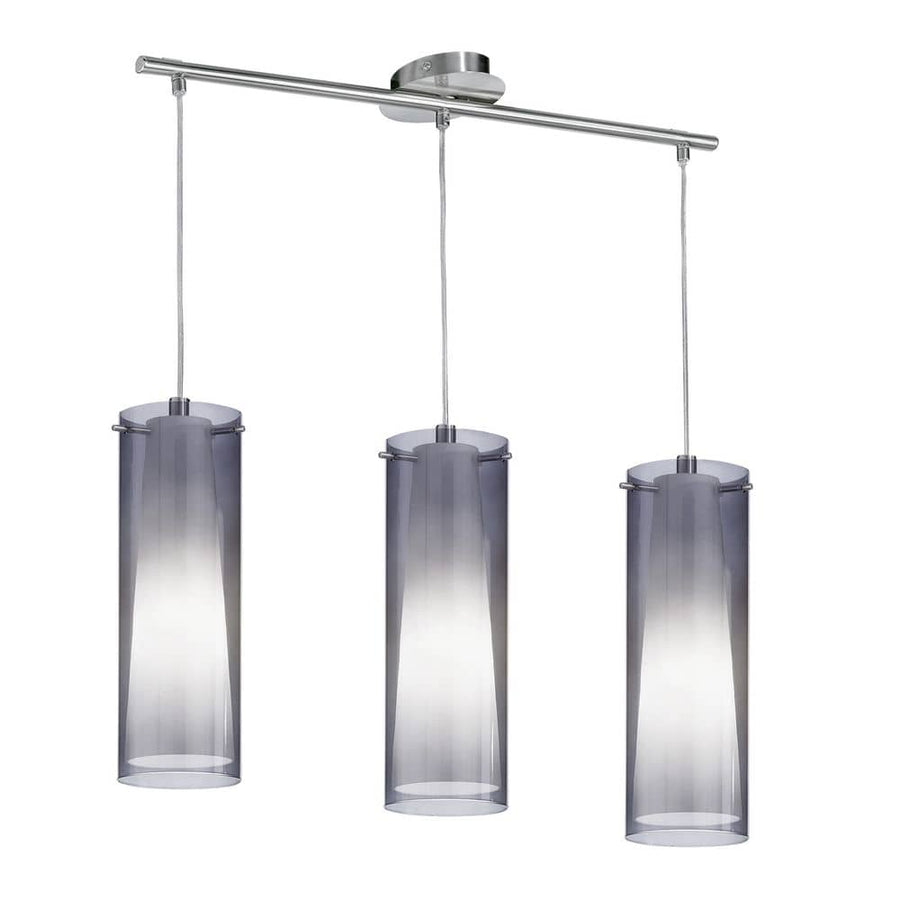 Vue de face du luminaire avec trois cylindres de verre et structure nickel.