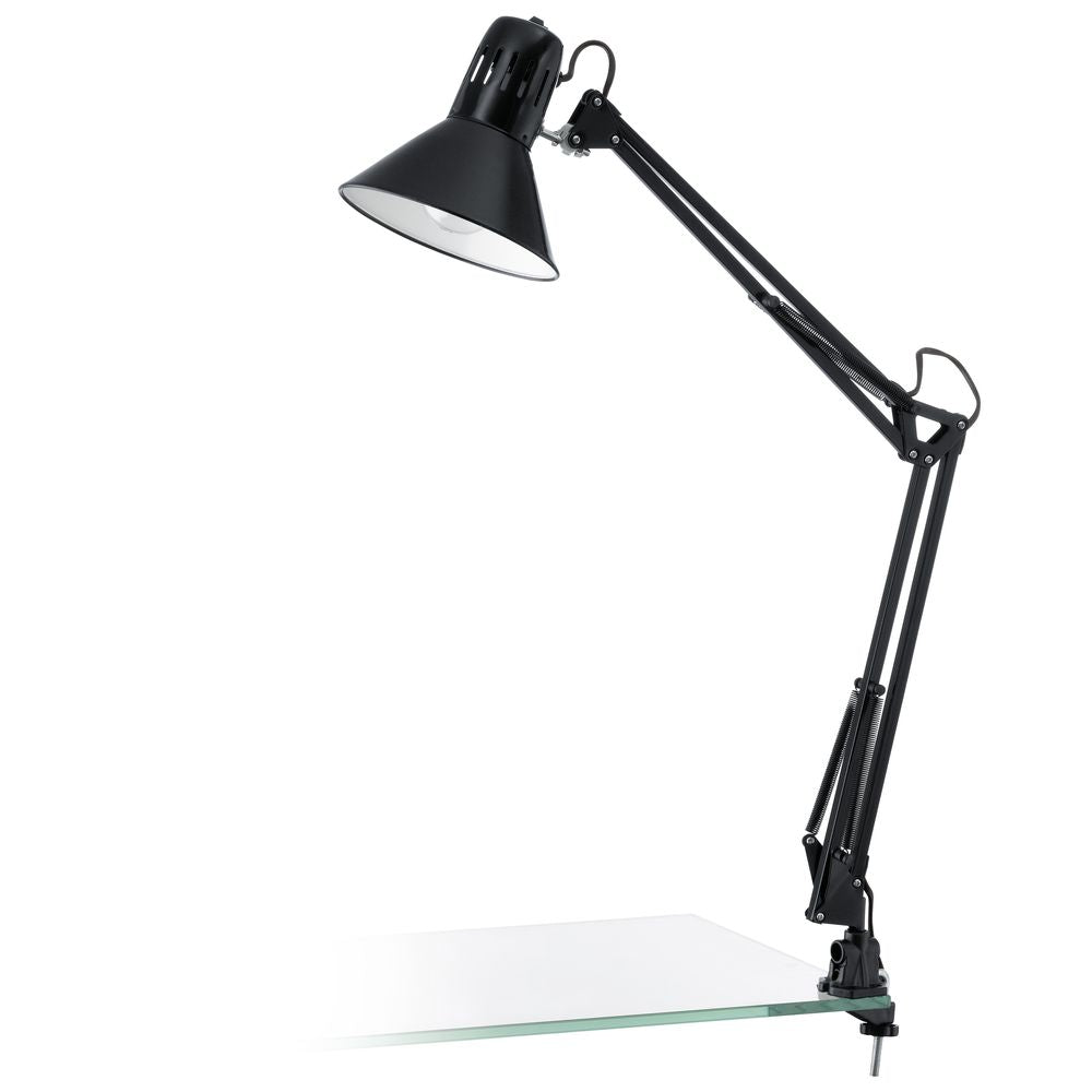 Lampe de bureau noire articulée avec pince, vue de profil sur fond blanc