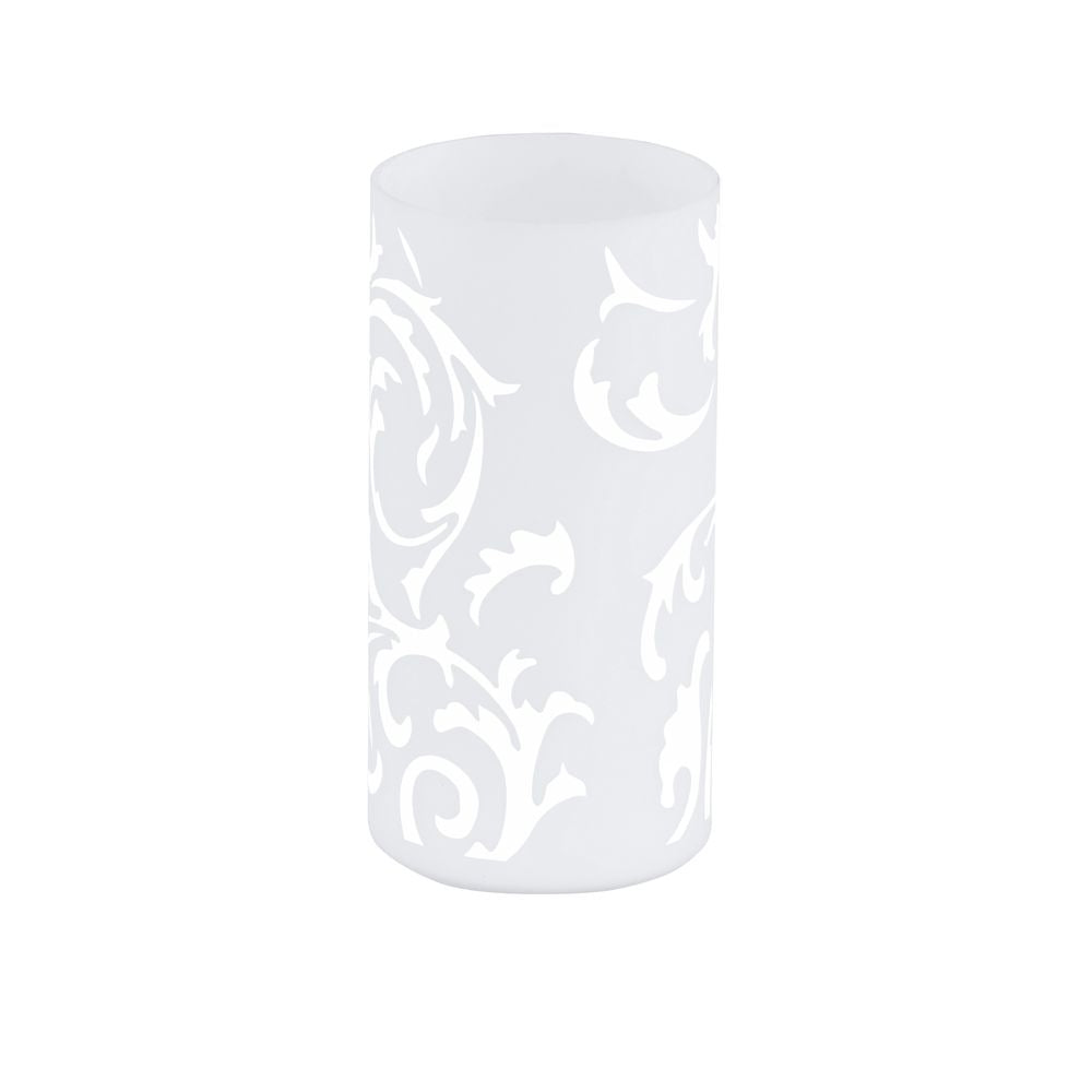 Luminaire cylindrique blanc de face, verre dépoli, motif floral découpé.