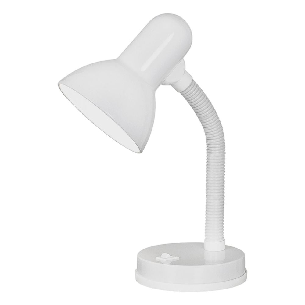 Lampe de bureau blanche de trois quarts sur fond blanc, col flexible et abat-jour conique.