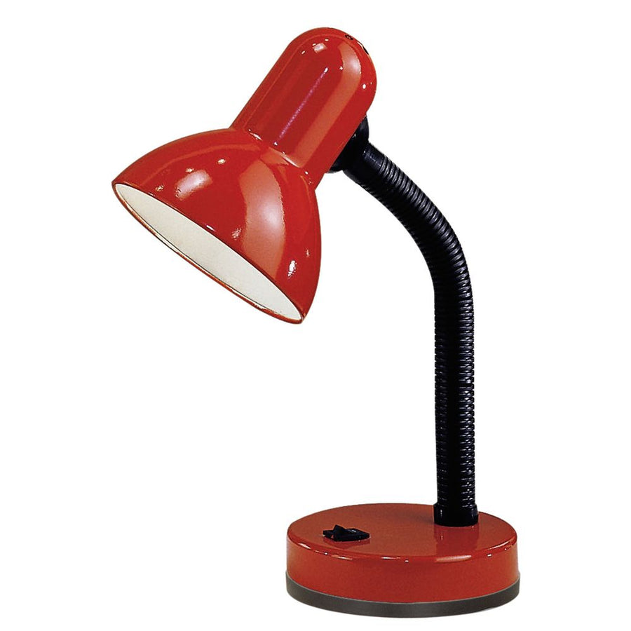 Produit seul sur fond blanc, lampe rouge à bras flexible vue de trois quarts.