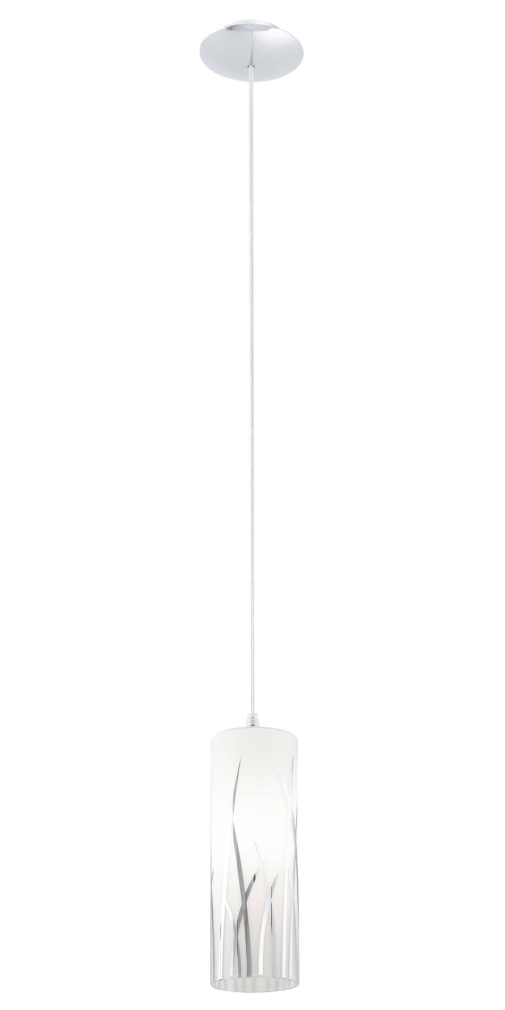 Vue rapprochée du cylindre en verre blanc et de son décor de lignes verticales.