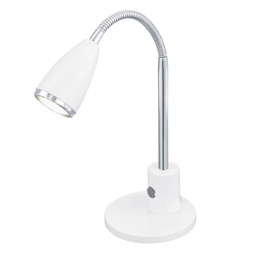 Lampe à poser blanche vue de face, abat-jour conique et bras flexible chromé