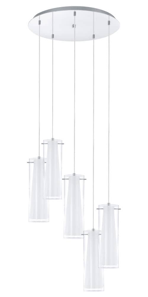 Second angle du luminaire, abat-jours en verre répartis à différentes hauteurs sous le plateau