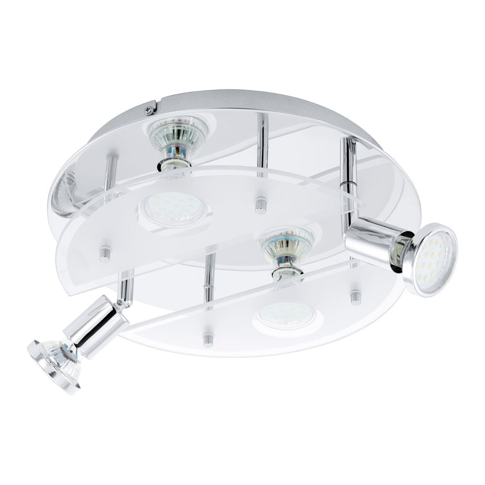 Vue du dessous du plafonnier rond en verre et métal chromé, spots orientables