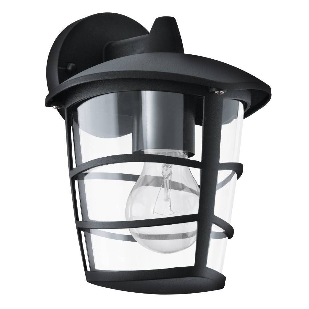Applique extérieure noire vue de face sur fond blanc, verre transparent et ampoule apparente