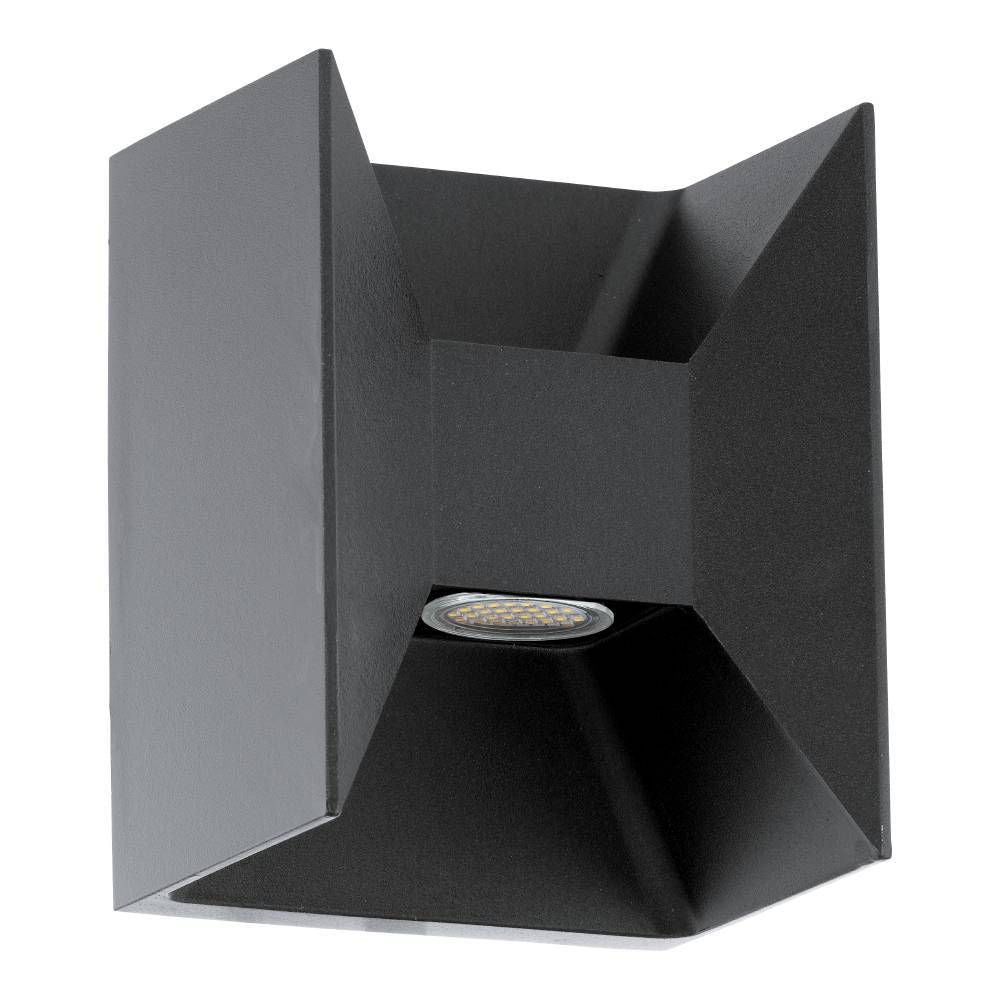 Vue de face du luminaire carré anthracite sur fond blanc, LED centrale visible