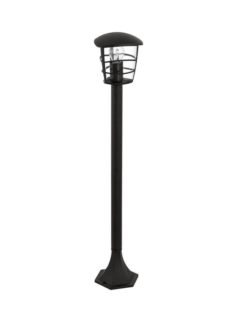 Lampadaire extérieur noir de face, tête lanterne à cage vitrée sur long fût
