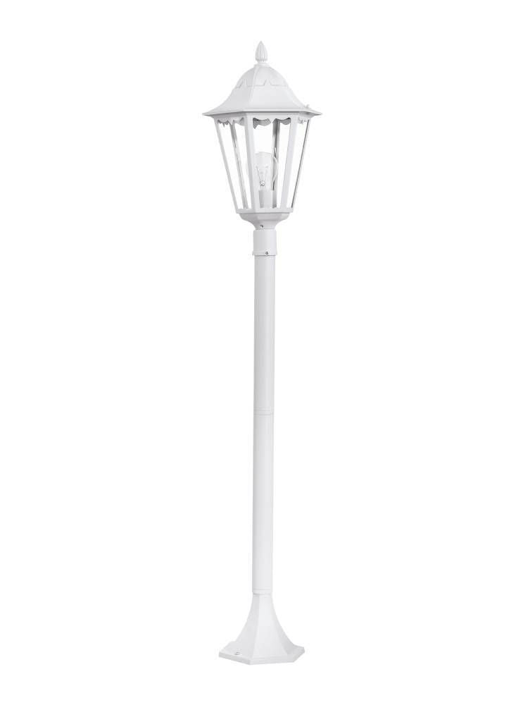Lampadaire extérieur blanc entier, pied et lanterne vitrée visibles, photographié de face sur fond blanc.