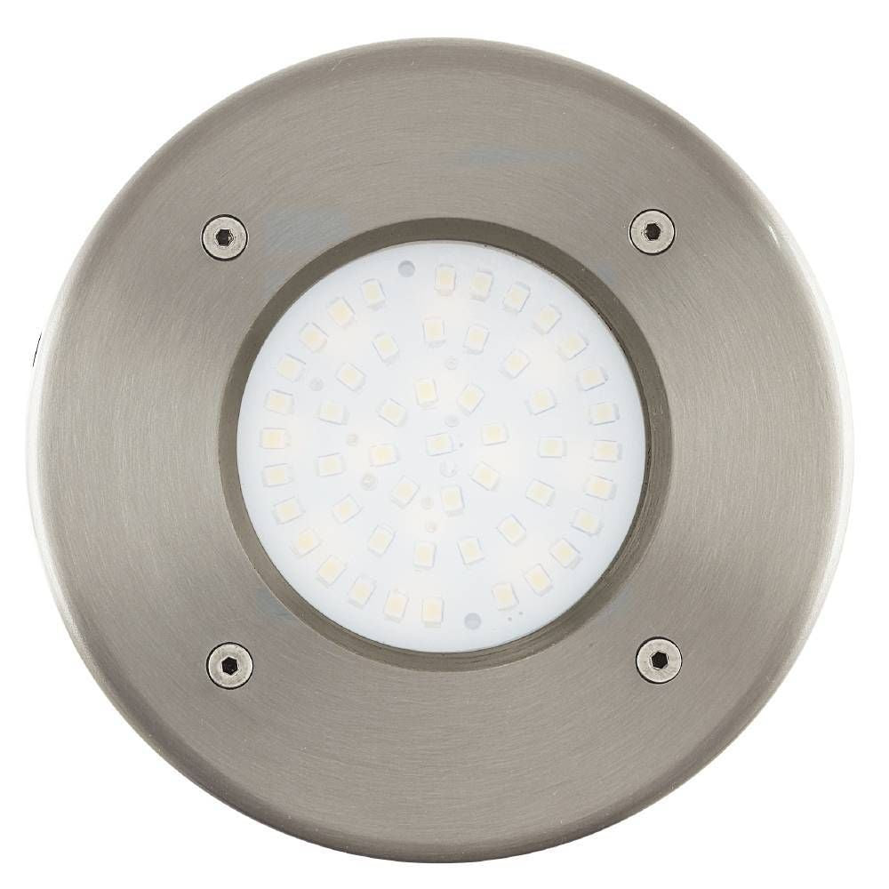 Vue de face du luminaire rond en inox brossé avec quatre vis et LEDs