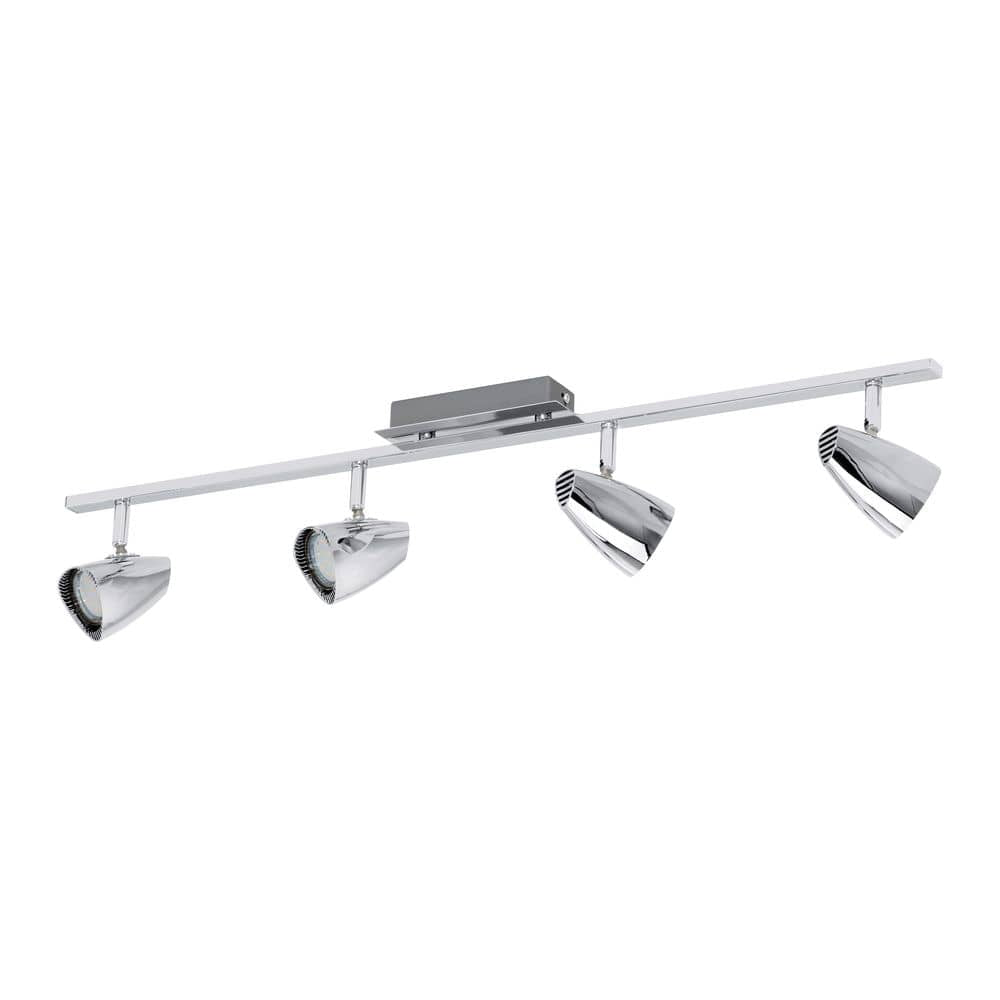 Luminaire chromé à quatre spots orientables fixé sur un rail, vue de face sur fond blanc.