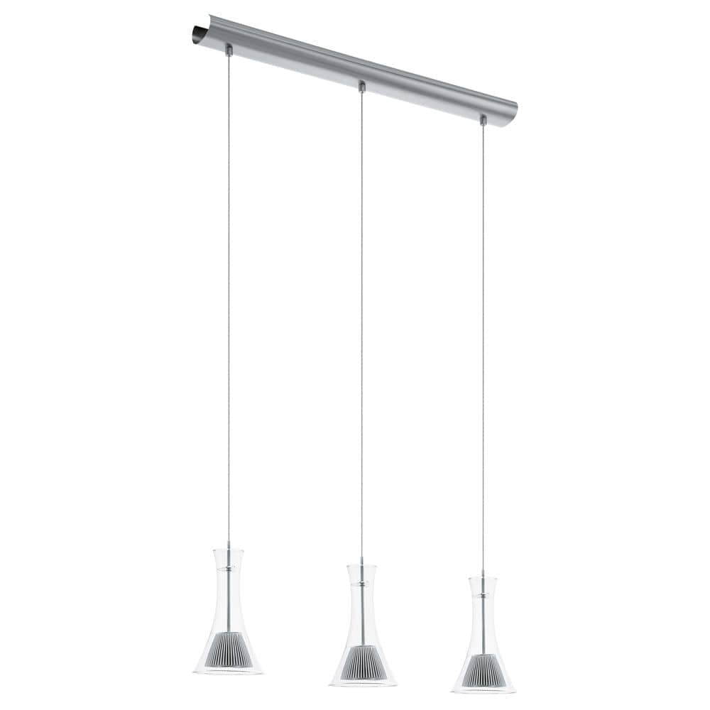 Luminaire suspendu à trois abat-jours en verre transparent, rail aluminium, vue de face sur fond blanc