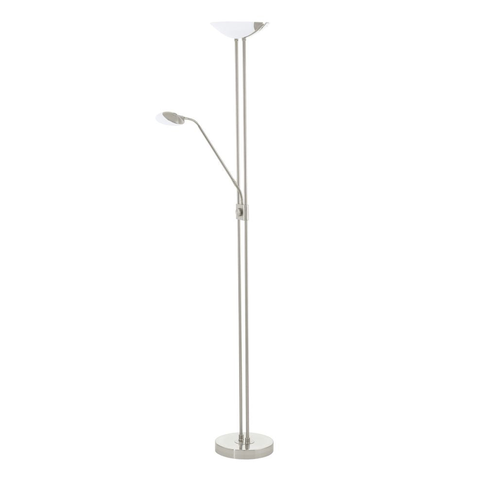 Lampadaire nickel vu de face sur fond blanc, double tige verticale et liseuse latérale
