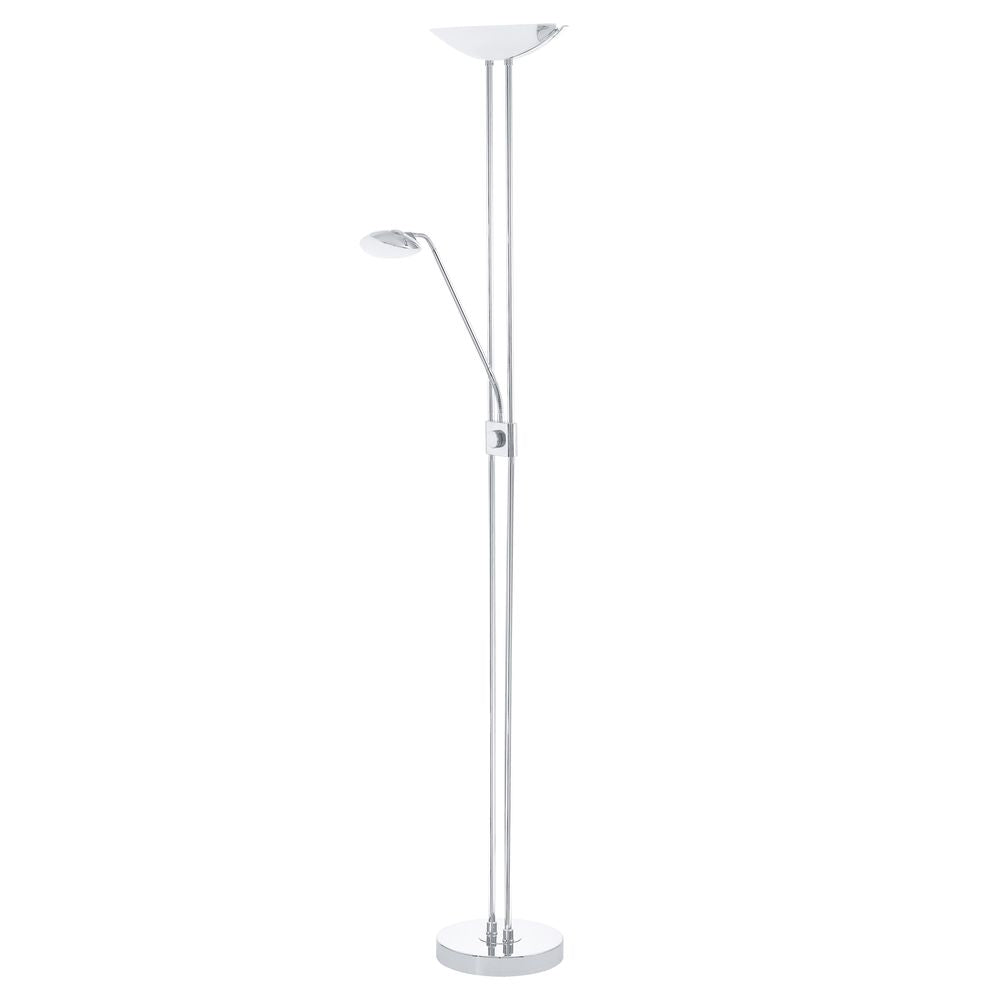 Lampadaire chromé vu de face avec grand diffuseur blanc et bras de lecture