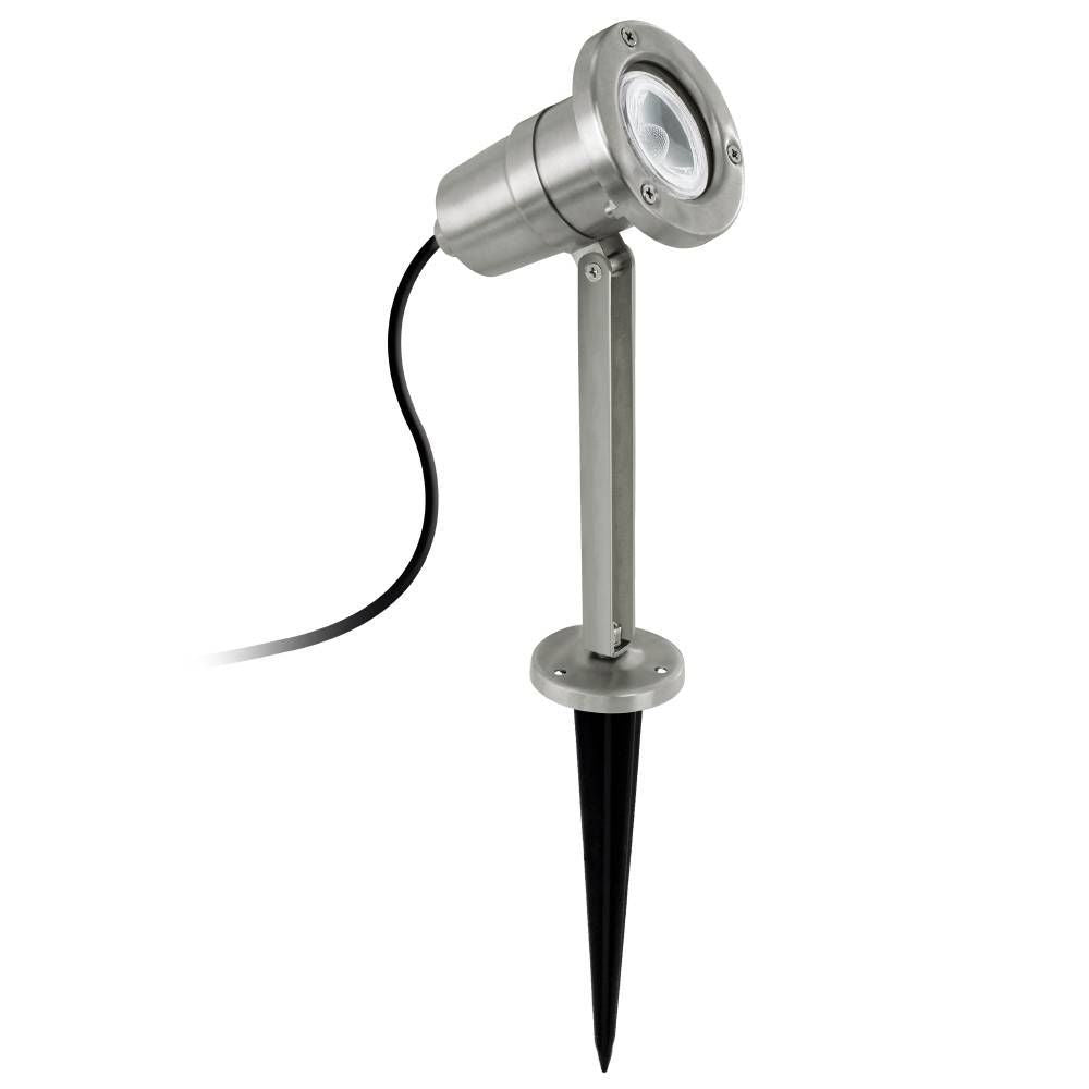 Lampadaire extérieur inox avec piquet et câble sur fond blanc