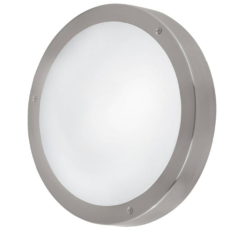 Vue de face du luminaire rond à cerclage inox et diffuseur opale blanc