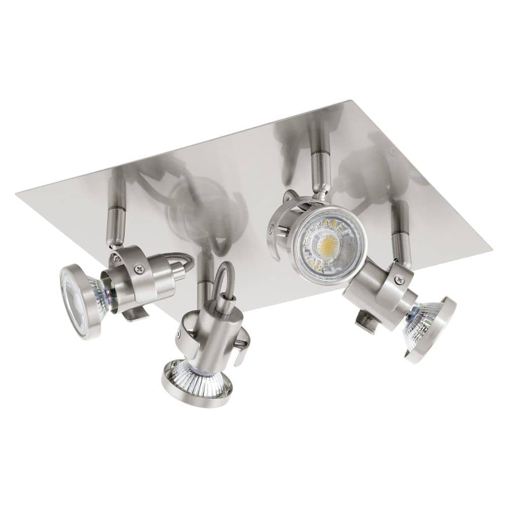 Luminaire spot à quatre têtes orientables sur platine rectangulaire en nickel satiné, vue de dessous
