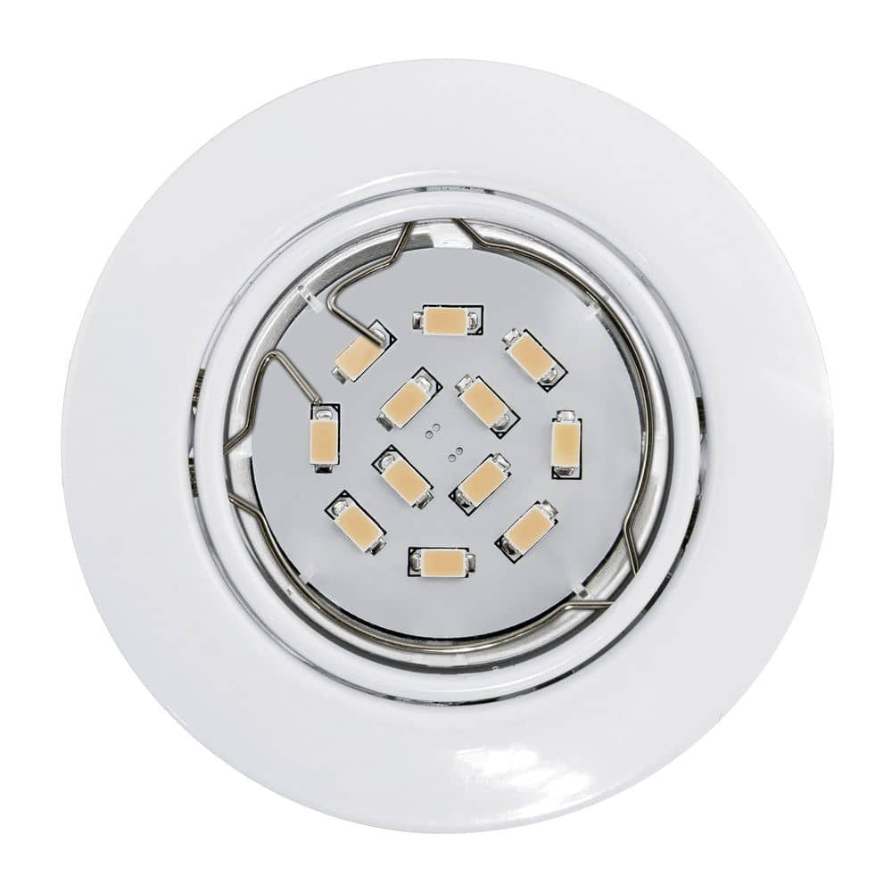 Vue de face du spot rond blanc, diodes LED visibles et anneau chromé central